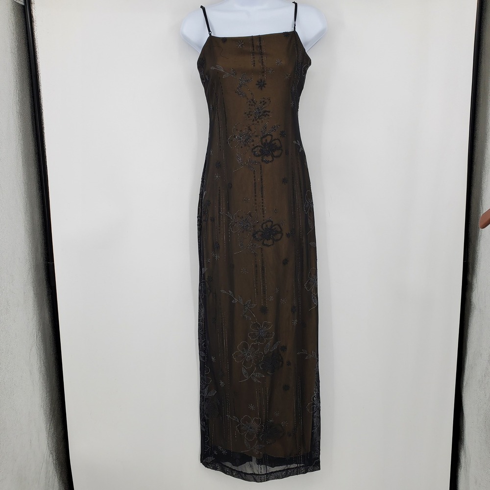 City Triangles Vintage Beaded Floral Mesh Maxi Dress Illusion Black Whimsigoth